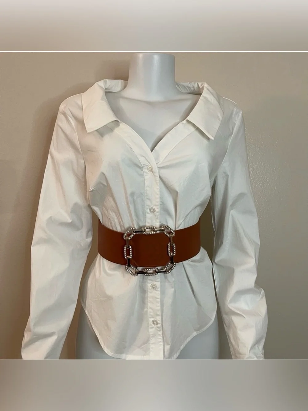 Plus size brown PU leather square gold tone buckle with rhinestones wide belt